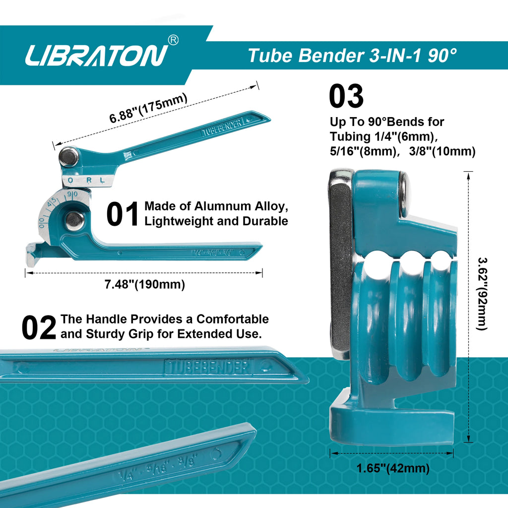 LIBRATON Tube Bender, Pipe Bender, 3-IN-1, 1/4"(6mm), 5/16"(8mm), 3/8"(10mm), for Copper, Brass, Aluminum and Thin Steel Pipes