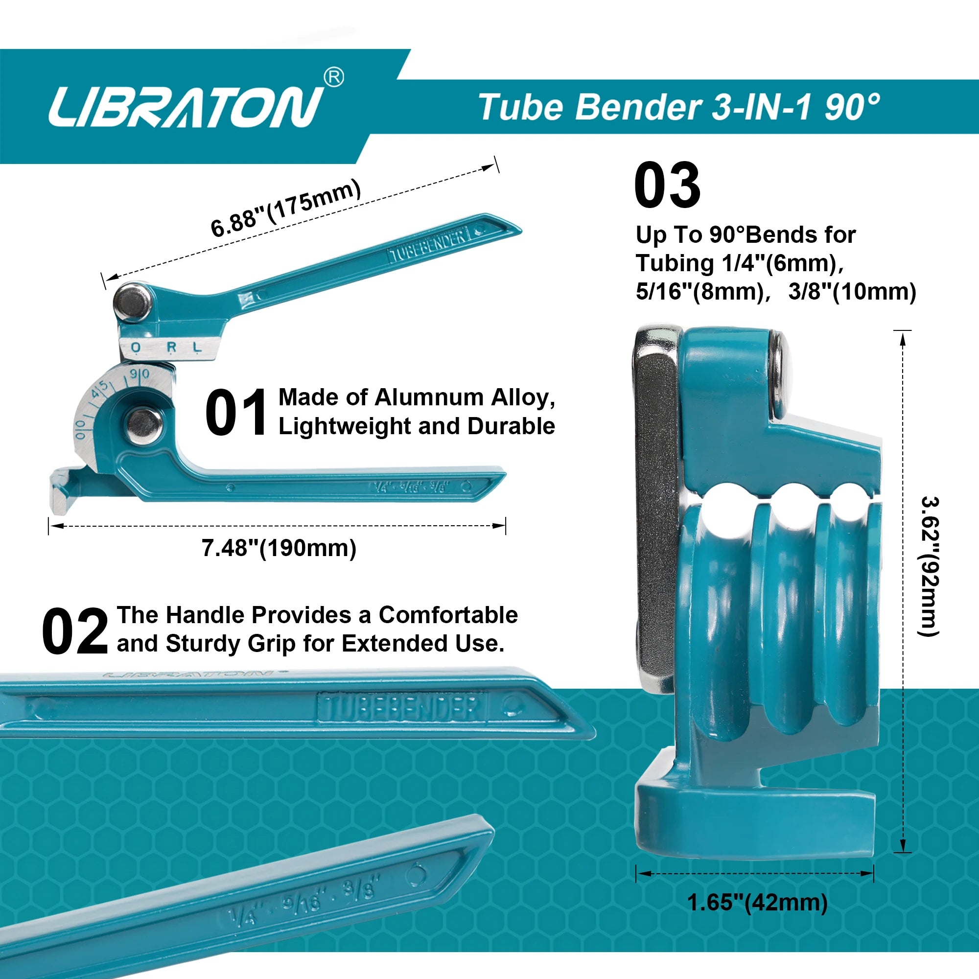 LIBRATON Tube Bender, Pipe Bender, 3-IN-1, 1/4"(6mm), 5/16"(8mm), 3/8"(10mm), for Copper, Brass, Aluminum and Thin Steel Pipes
