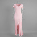 TARUXY Spring Summer Short-Sleeved Knitted Dress Women Solid V-Neck Slit Long Dress Slim Sexy Commuting Leisure Dress Female New