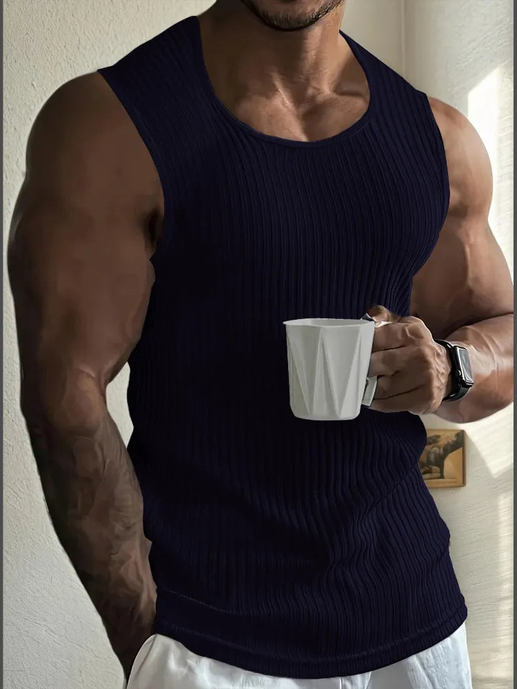 Men's Gym Stripe Tank Top Breathable Sleeveless Shirt Sports Undershirt Bodybuilding Vest Solid Color Casual T-Shirt Streetwear