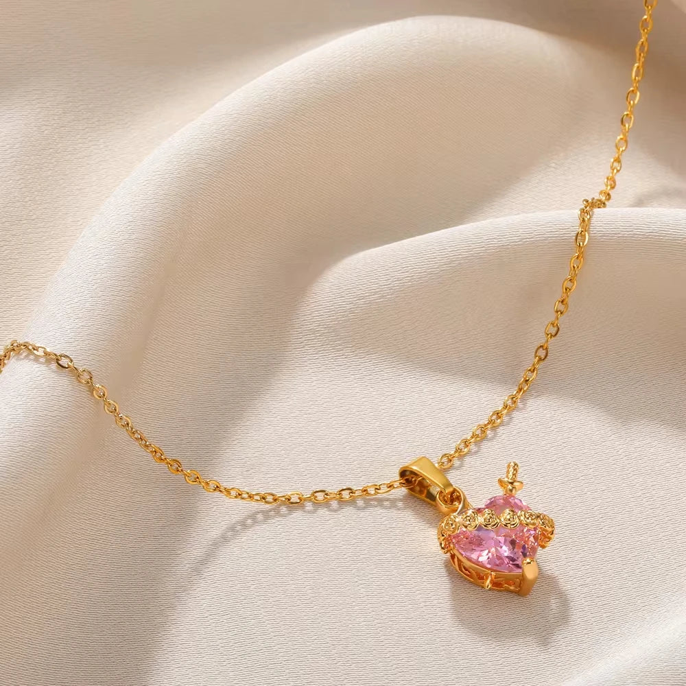 Pink Heart Zircon Necklace Gold Color Stainless Steel Cupid Eros Arrow Heart Pendant Necklace Korean Fashion Jewelry Party