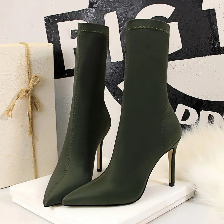 Women 7.5cm 10cm High Heels Silk Sock Boots Green Low Heels Short Ankle Boots Lady Stripper Winter Pointed Toe Satin Sexy Shoes