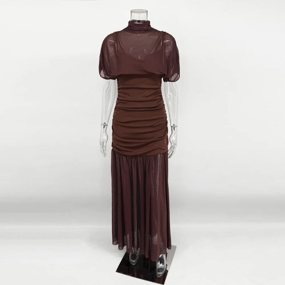 Tossy Black Mesh Fashion Maxi Dress For Women Sleeveless See-Through Patchwork Pleated Party Dress Female Autumn Long Dress 2025