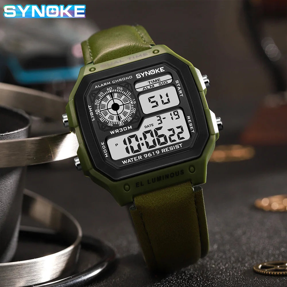 SYNOKE Belt Watch Men Outdoor Sports Multifunctional Waterproof  Luminous LED Digital Watch PU Leather For Men Retro Fashion
