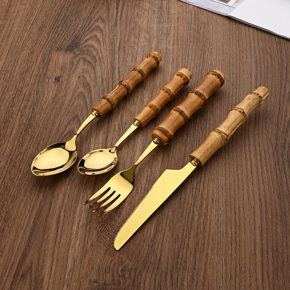 24Pcs Tableware Sets Stainless Steel Bamboo Cutlery SetPurely Natural Bamboo Handle Flatware Set Dinnerware Steak Knife Cutlery