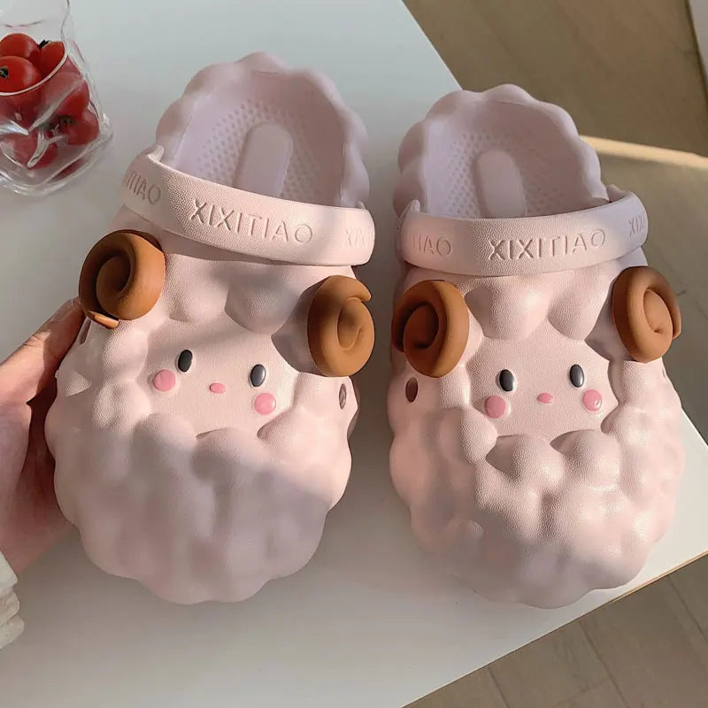 Mo Dou Women's Home Slippers Soft EVA Sandals Non-slip Toe-wrapped Lovely Cartoon Sheep for Men Cozy Parent-child Breathable