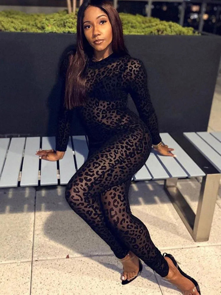 Animal Instinct Mesh Bodystocking Leopard See Through Velour Long Sleeve Rompers Womens Jumpsuit Sexy Midnight Clubwear