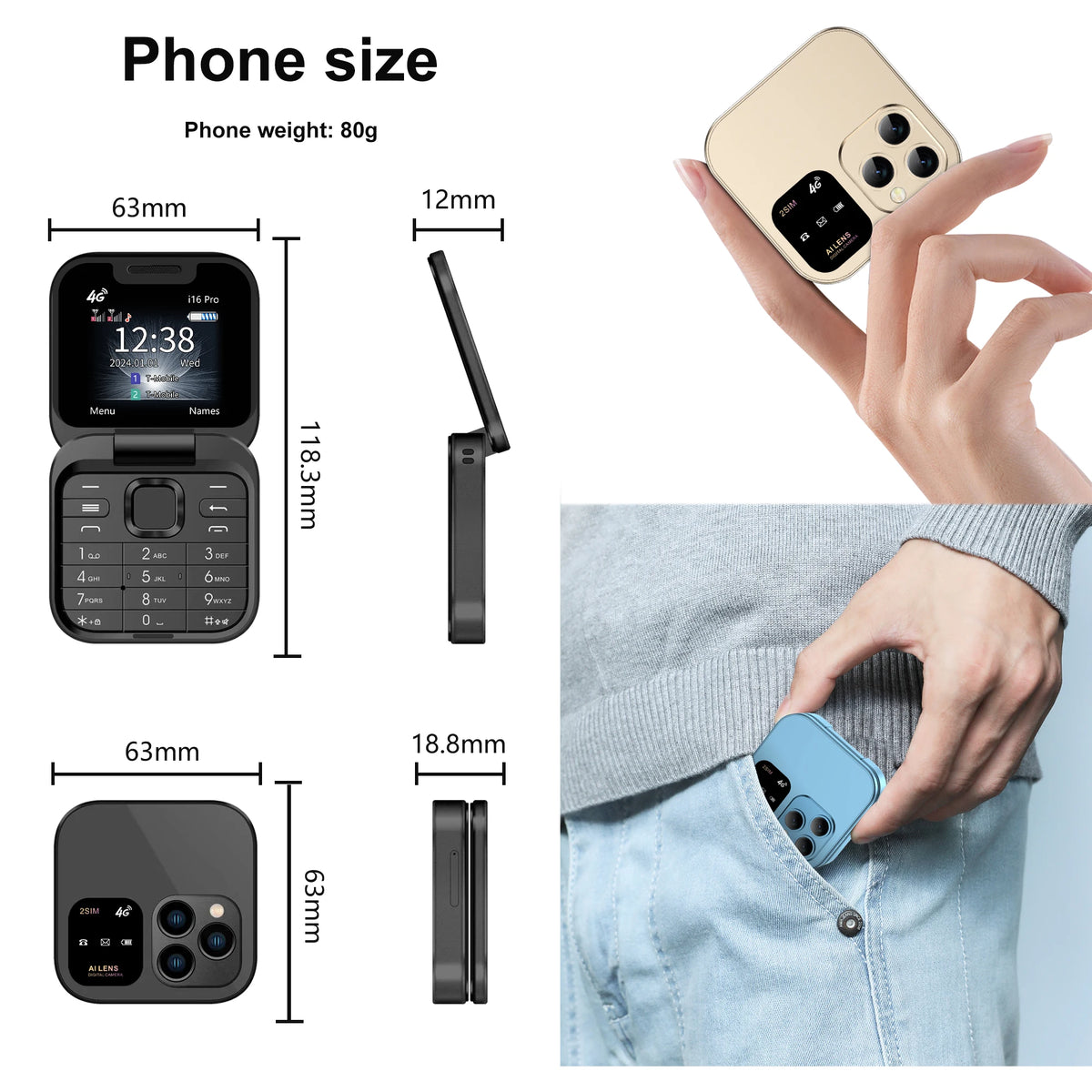 SERVO I16 Pro Mini Fold Mobile Phone Dual SIM Card Speed Dial Video Player Blacklist FM Radio 4G Small Flip Cellphone