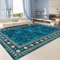 Large Indoor Area Rug, Soft Velvet Low Pile with Non-Slip Dotted Backing, Machine Washable Teal Tribal Geometric Border Rug for Living Room and Bedroom