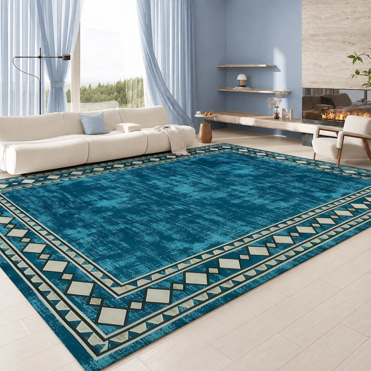 Large Indoor Area Rug, Soft Velvet Low Pile with Non-Slip Dotted Backing, Machine Washable Teal Tribal Geometric Border Rug for Living Room and Bedroom