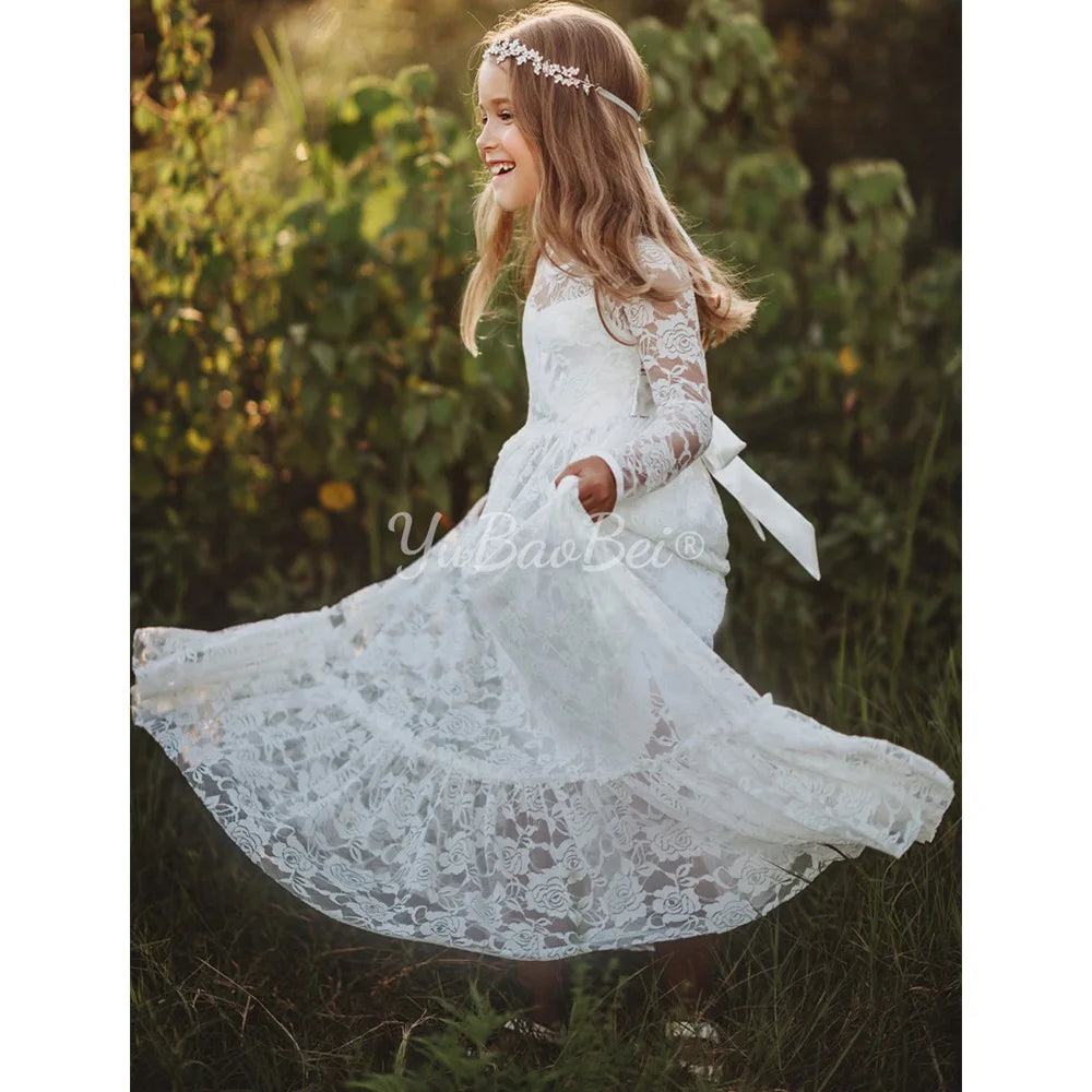 Girls Spring Summer Princess Dress with Lace Rose Embroidery Long Sleeve and Bow Belt
