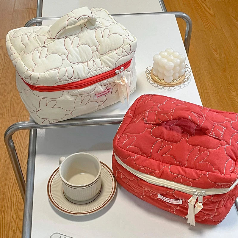 Cute Women Portable Rabbit Quilted Cotton Cosmetic Bag Handbag Lady Tote Makeup Pouch Travel Organizer Storage Bags With Zipper