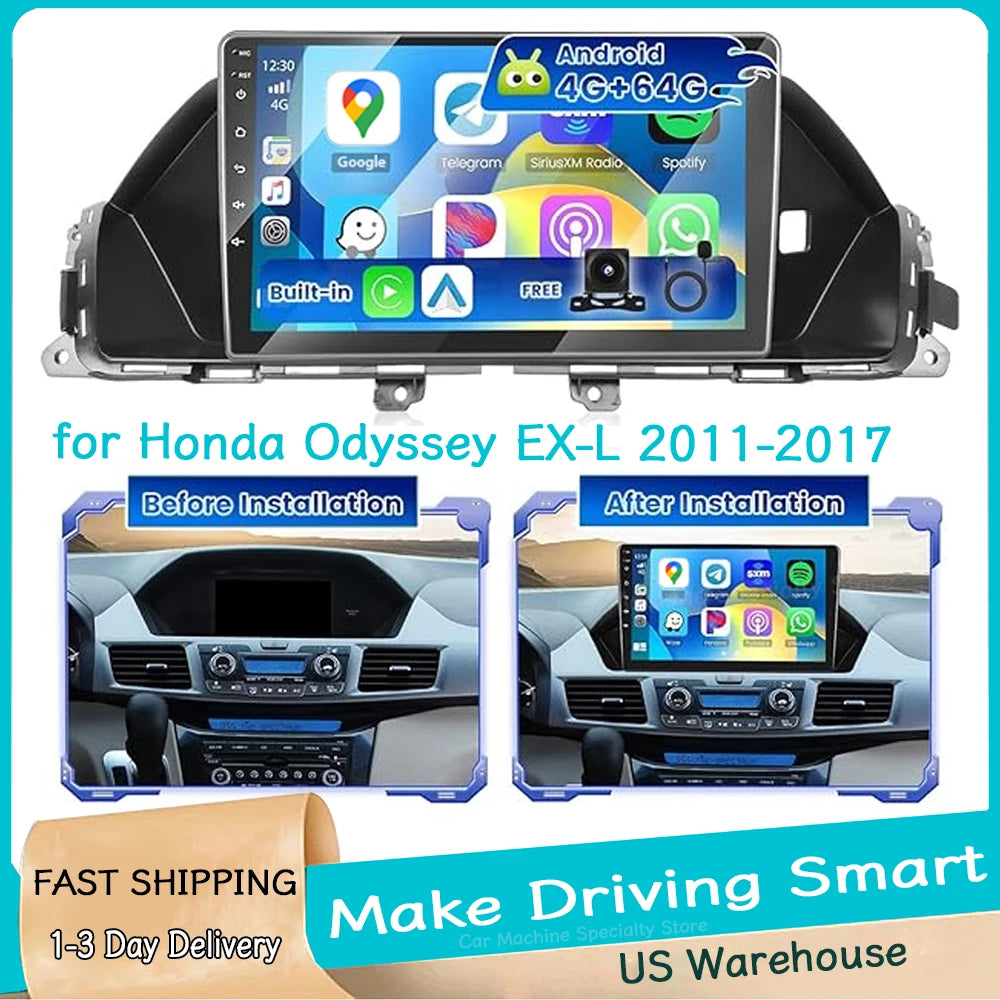 4Core 4+64G 9''Car Stereo Radio Multimedia Video Player GPS for Honda Odyssey EX-L 2011-2017 Android15 Carplay Auto WIFI