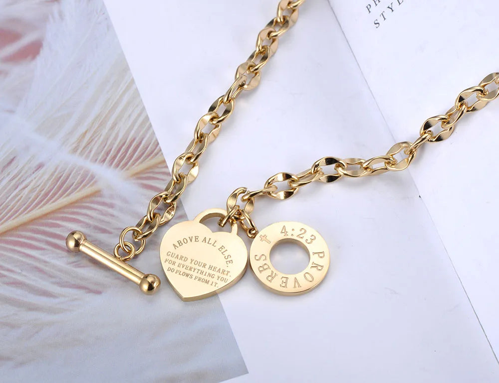 Lokaer Titanium Stainless Steel Heart Charm Pendant Necklaces Jewelry Classic Love Bible Proverbs 4:23 O-Chain Necklace N19085