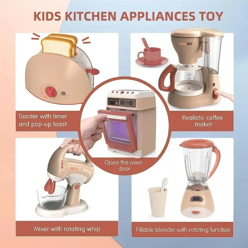 Kitchen Appliances Toy Kids Kitchen Accessories Pretend Play Set with Blender Coffee Maker Mixer with Sounds & Light