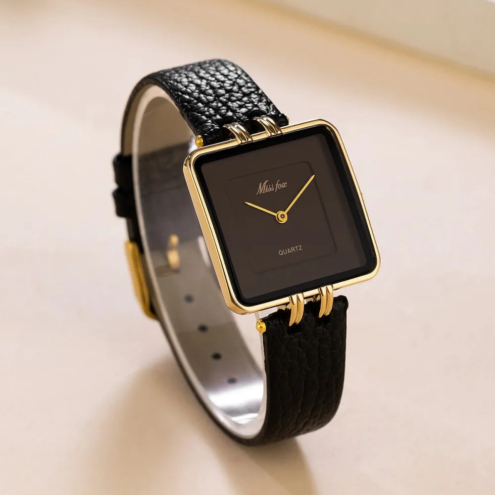 Square Quartz Watch with Leather Strap – Three Colors