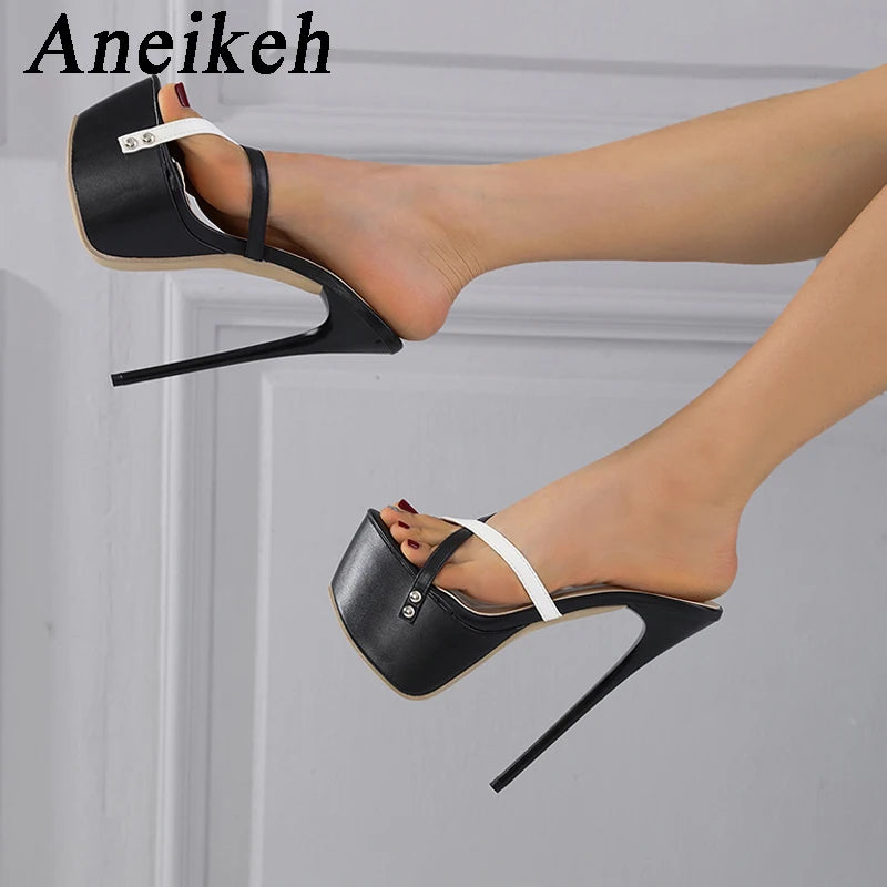 Aneikeh Summer Sexy Thin High Heel Women Platform Sandals Fashion PU Narrow Band Shallow Open Toe  Party Dress Slingbacks Shoes