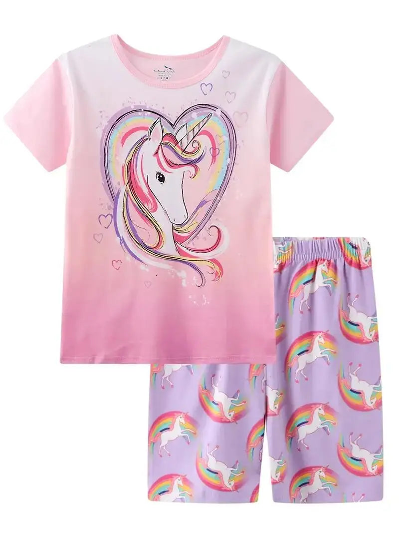 2pcs Toddler Girls Cotton Pajamas Outfit Cartoon Unicorn Graphic Crew Neck T-Shirt Top & Elastic Waist Shorts Sleepwear