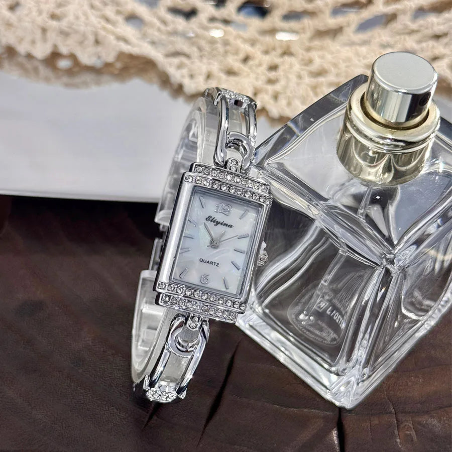 New Fashion Pin Quartz Women's Watch Luxury Minimalist High-End Round Arc Glass Diamond-Encrusted Square Wristwatch