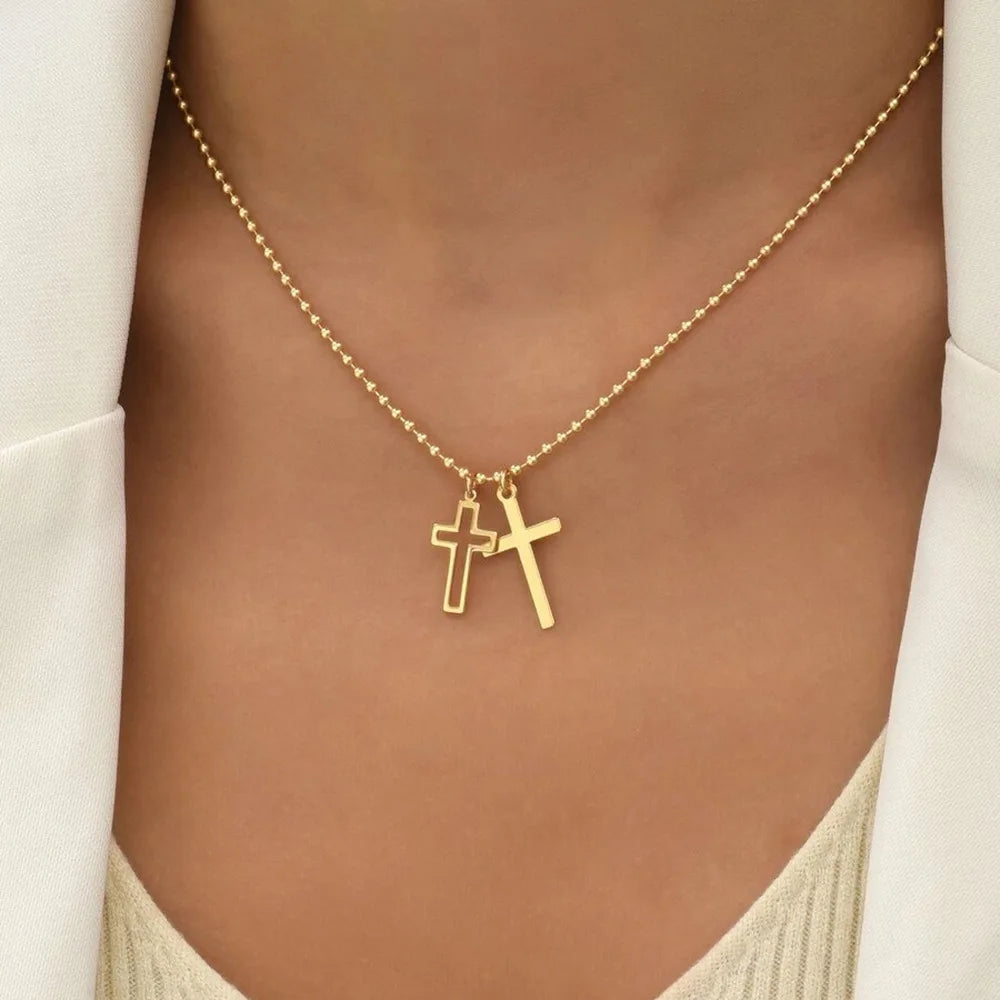 Stainless Steel Double Cross Pendants Necklace for Women Men Minimalist Gold Color Beaded Chain Choker Jewelry Gift