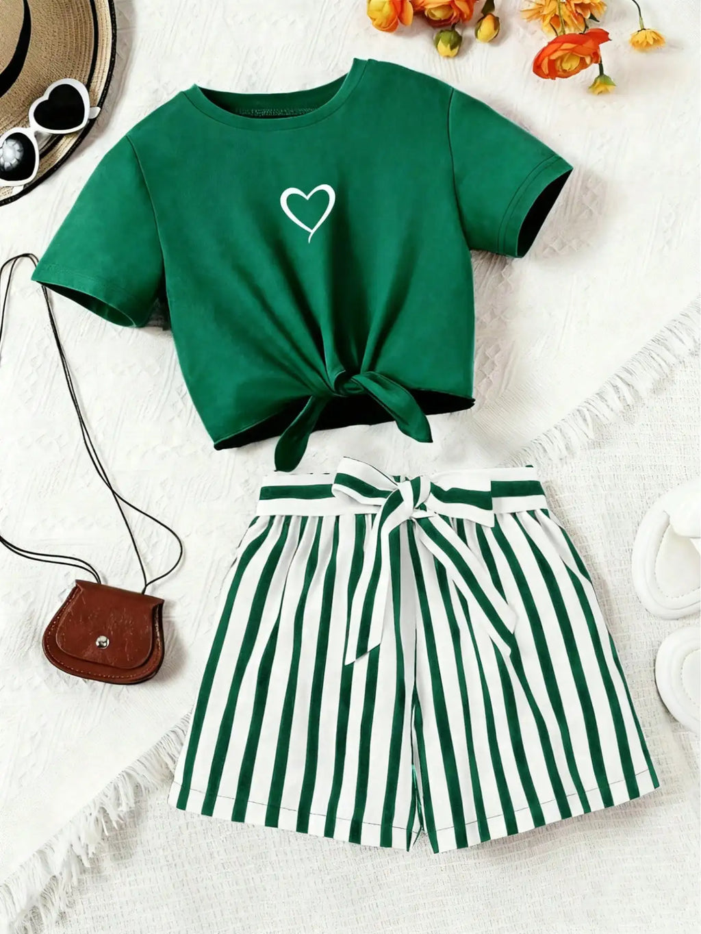 Women's Casual Daily Short-Sleeved Love Printed+Striped Printed Shorts 2-Piece Set with Random Belt Striped Children's Clothing