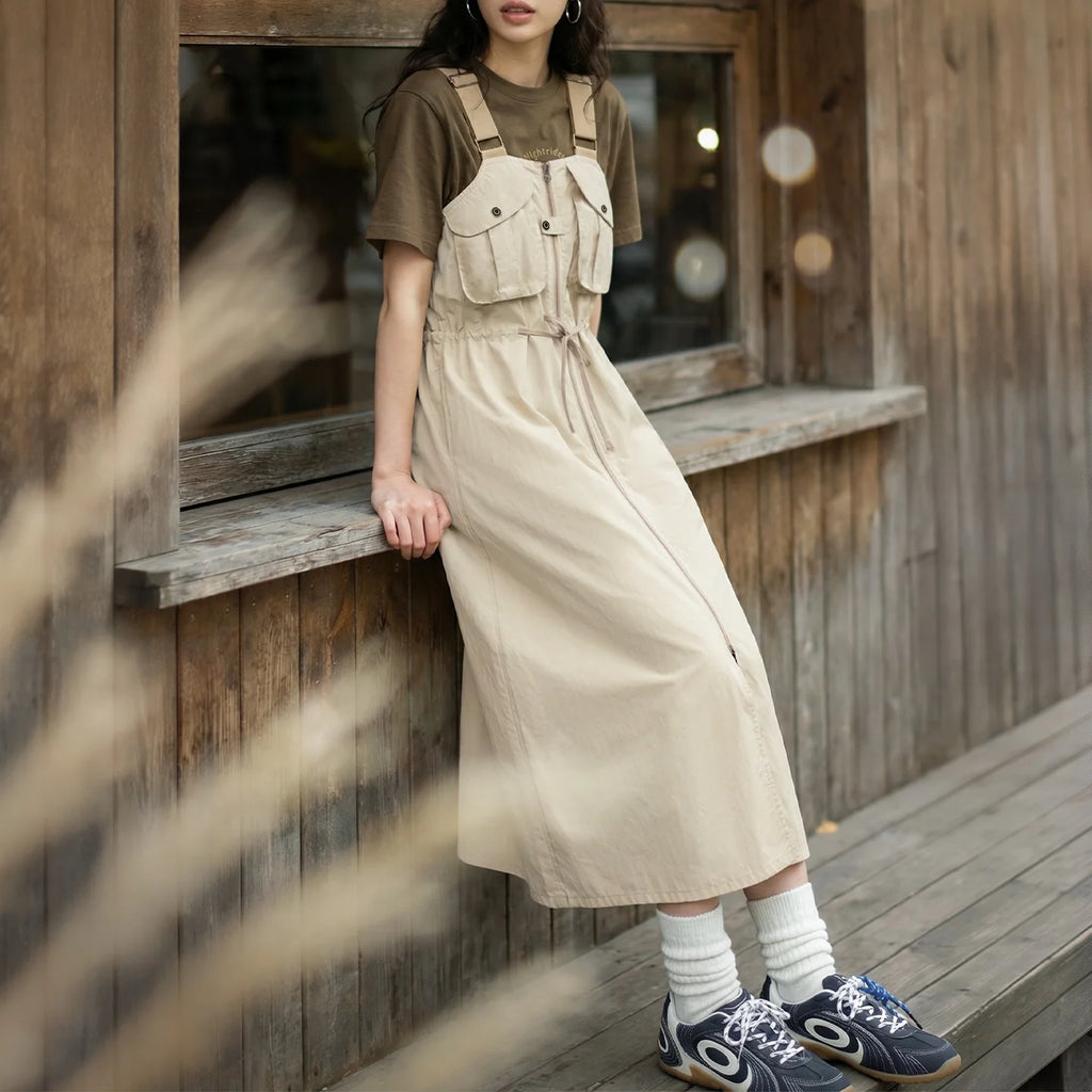 Maden Women's Workwear Suspender Dress Fitted Waist A Line Split Light Long Breathable Loose Casual Summer Outer Dress  Overall
