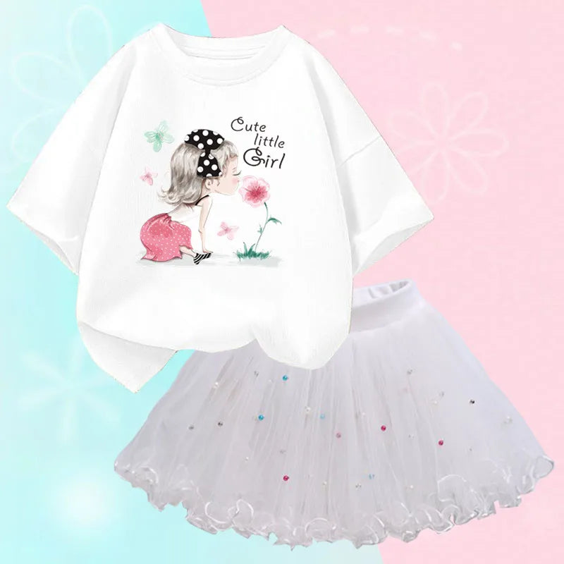Fashion Summer Girls Outfits Pretty Ballet Dance Girl T-shirt and Tutu Skirt Set for Princess Clothes Suit Children Clothing