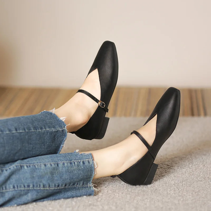 Woman Spring Casual Square Toe Low Soft Soled Shoes Lolita Ballerina Red Flats Female Elegant French Retro Buckle Mary Janes