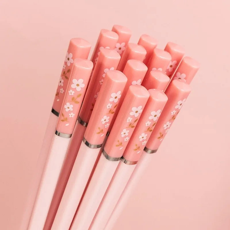 1 Pair Chinese Style Non-Slip Eco-Friendly Pink Cherry Blossom Household Kitchen Alloy Chopsticks Hot Pot Table Setting