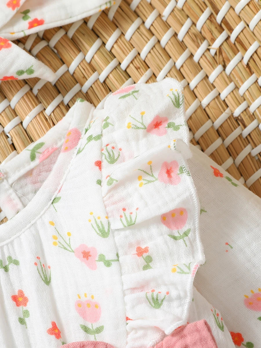 Baby Girl's All Seasons Long Sleeve Print Floral With Bow Daily Jumpsuit For Newborn-6M Clothes +Headband