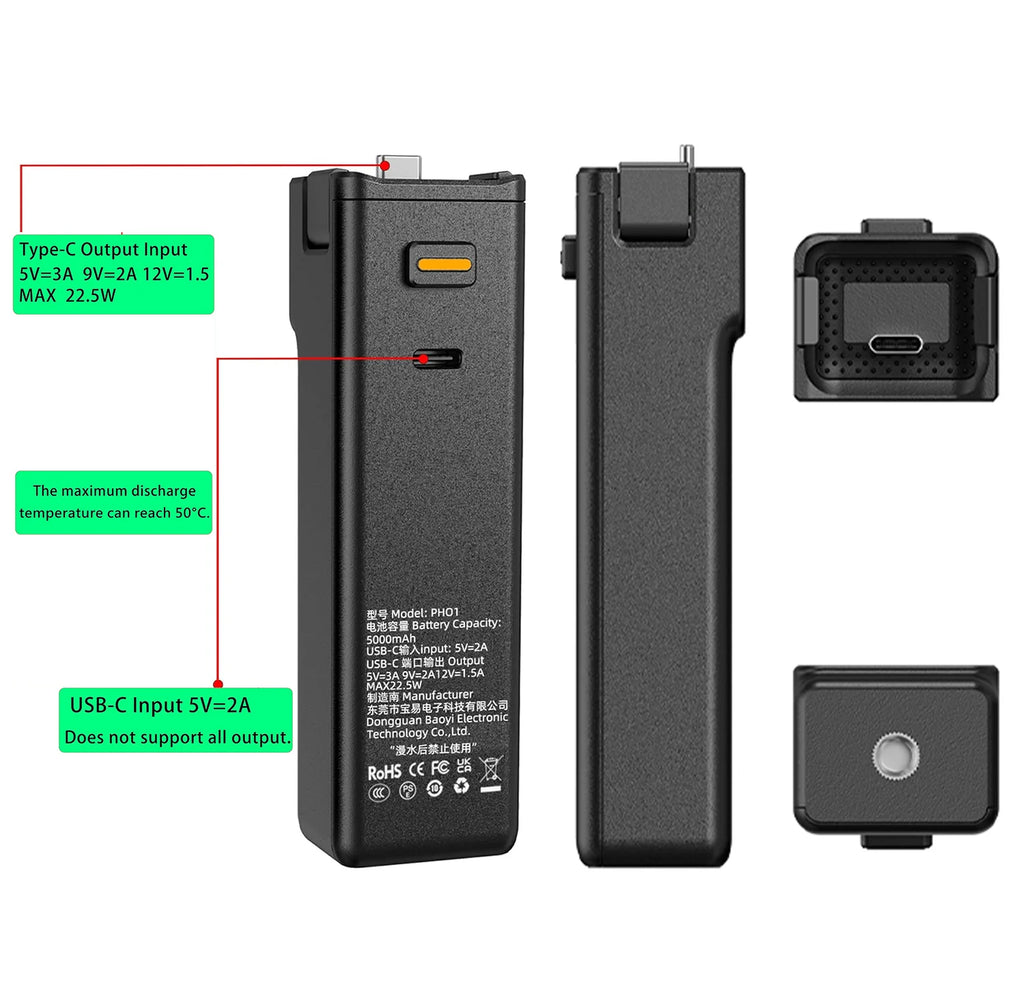 Pocket 3/4 Fast Charging Battery Controller and DJI Osmo Pocket3/4, Por Extra and Reserved 1/4" Threaded Hole with Type-C Cable