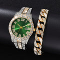 2PCs Fashion Luxury Full Diamond Steel Band Calendar Roman Scale Men's Steel Band Quartz Watch with Diamond Chain Bracelet Gift
