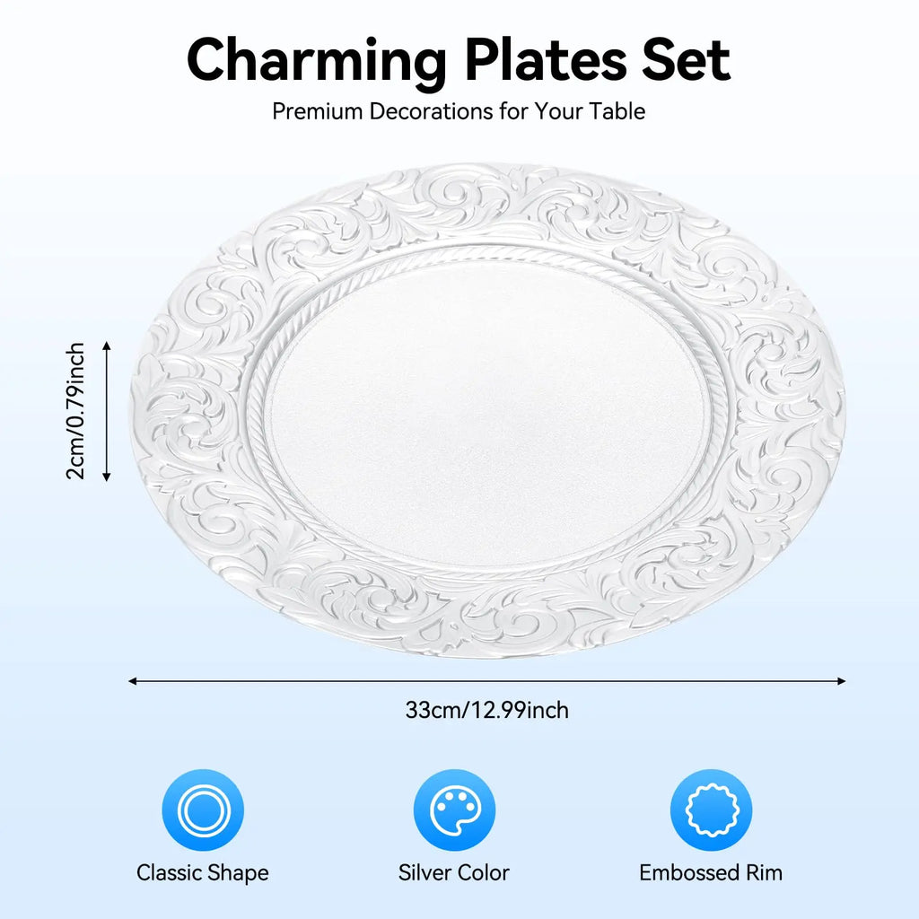 Thanksgiving day Gift 100 Pcs Silver Charger Plates Bulk, 13 In Round Charger Plates, Reusable Serving Silver Plate Chargers wit
