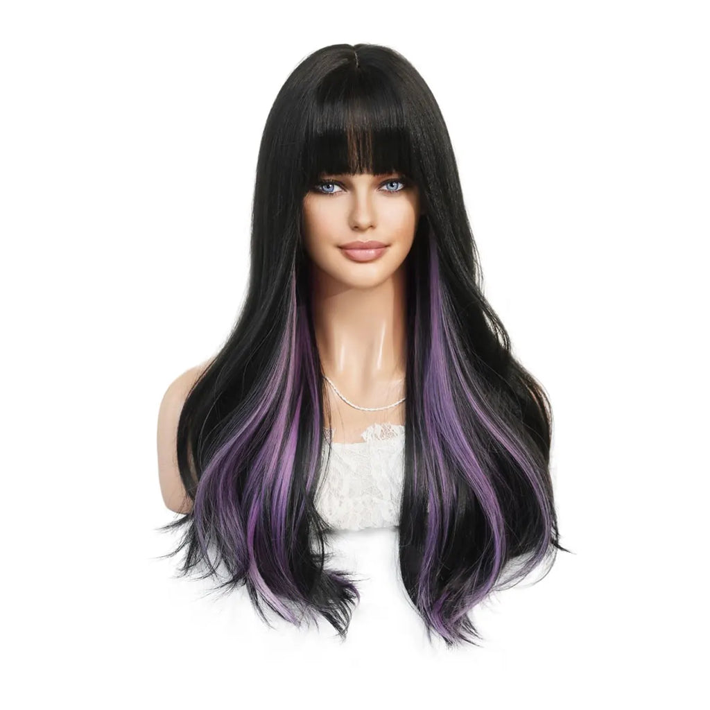 7JHH WIGS Long Wavy Curly Black Blonde Wig for Women Natural Highlight Synthetic Blend Wigs with Bangs Heat Resistant Hair Wig
