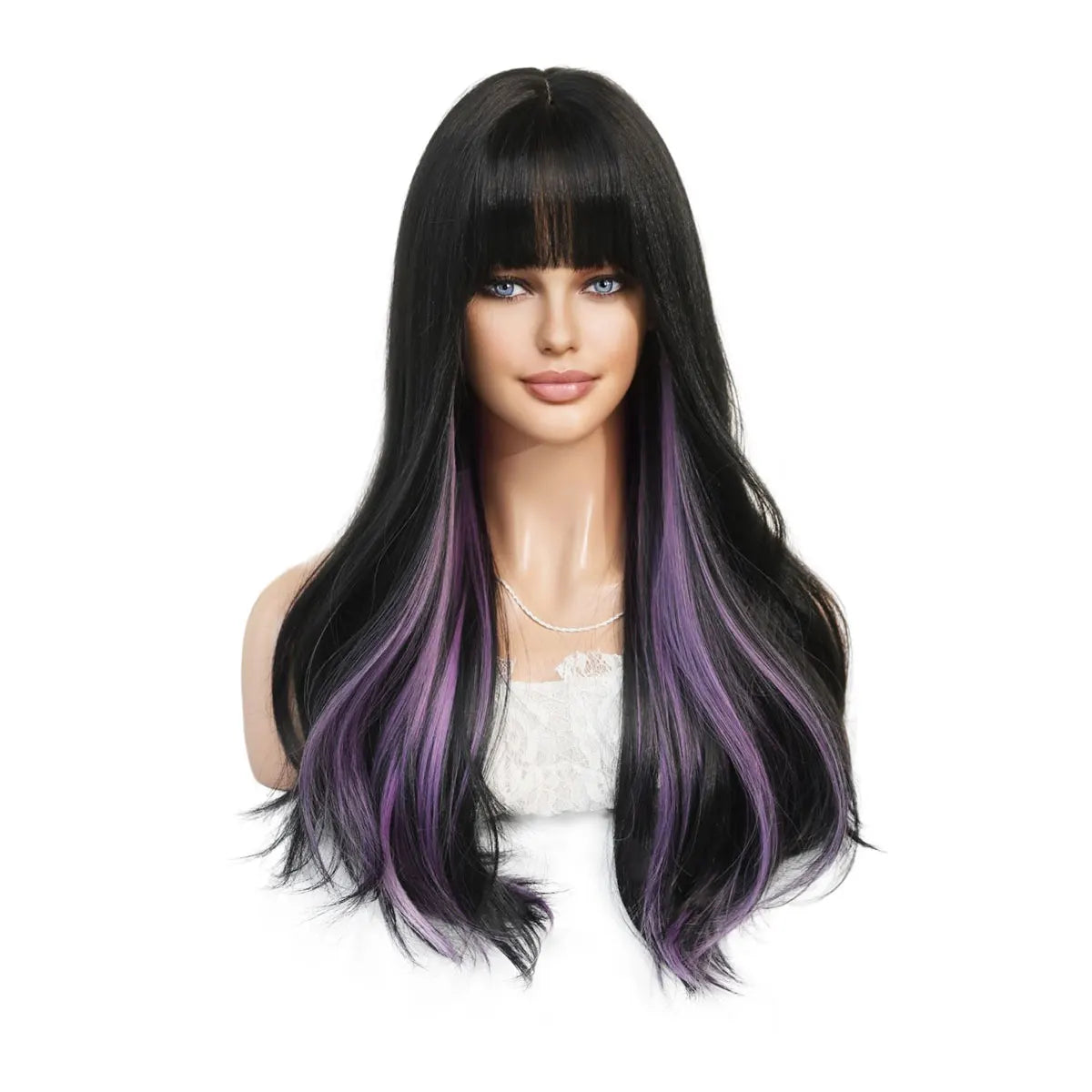 7JHH WIGS Long Wavy Curly Black Blonde Wig for Women Natural Highlight Synthetic Blend Wigs with Bangs Heat Resistant Hair Wig