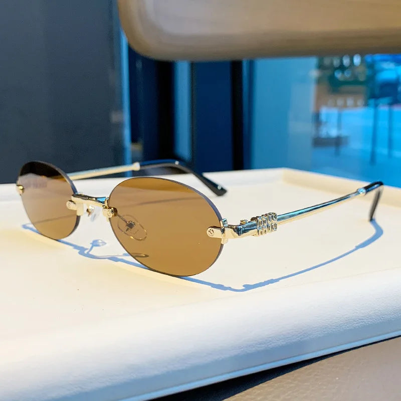 Light Luxury Rimless Oval Personalized Sunglasses, High-End Fashion Casual Sunglasses, Suitable For Outdoor Vacation Sunglasses