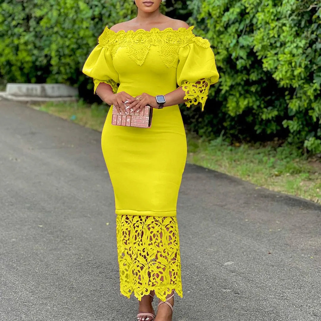 Dashiki African Women Gown Hollow Out Party Dress Sexy Long Sleeve Round Neck Ladies Elegant Solid Pullover High Waist 2024