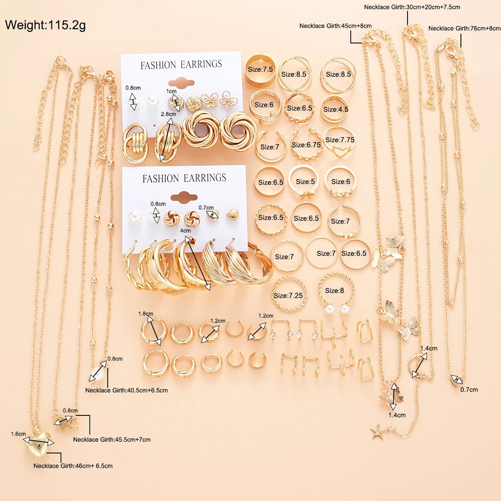 68 Pcs Boho Chic Jewelry Set Vintage Heart Pearl Zircon Butterfly Pendant Earrings Ring Necklace For Women Daily Wear Gifts 2024