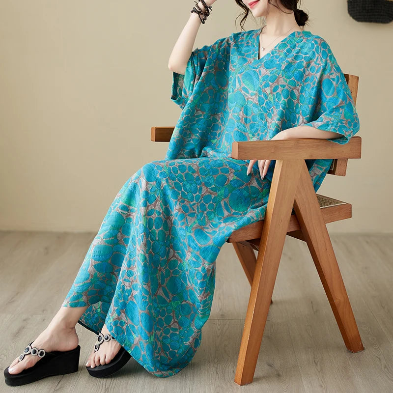 V-Neck Loose Cotton Linen Beach Skirt Summer Casual Long Dress Cover up Retro Style Holiday Fashion plus Size Women's Dress