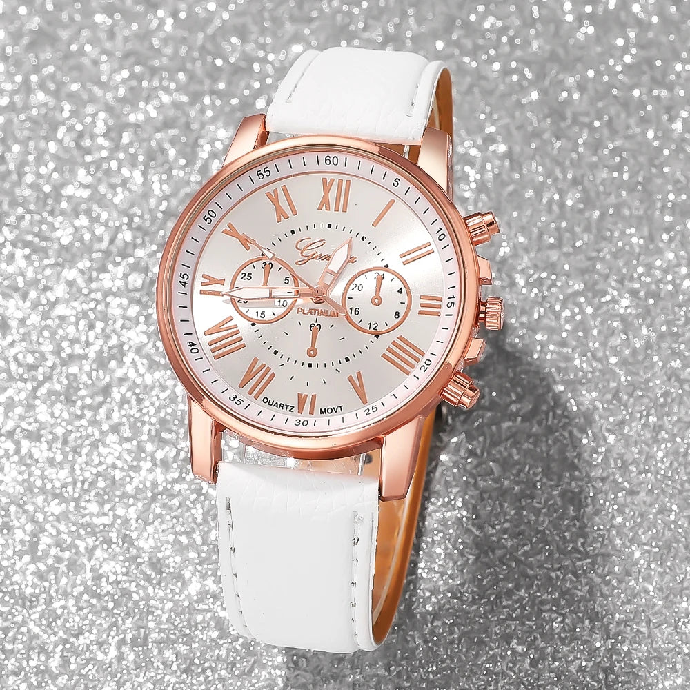 6PCS elegant ladies' round dial quartz watches with bracelet accessories set, suitable for daily wear