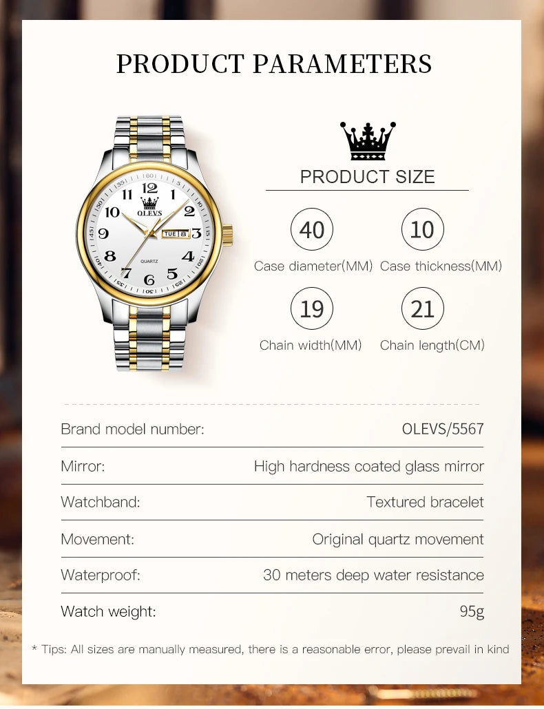 OLEVS 5567 Original Men's Watches Simple Classic Large Digital Dial Dual Calendar Waterproof Luminous Quartz Watch for Men Hot