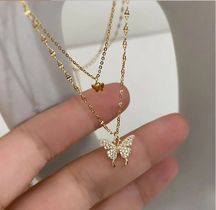 Y2K Crystal Butterfly Pendant Necklace Women Light Luxury Egirl Punk Heart Grunge Clavicle Chain Fashion Jewelry Party Gift 2023