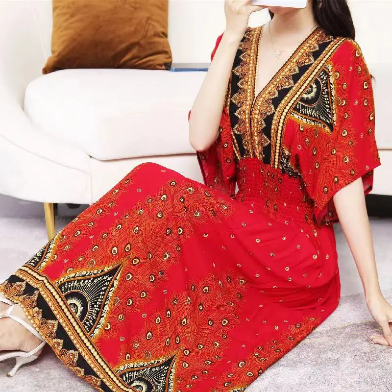 2025 Summer New Casual Elegant Retro Bohemian Style V-neck Elastic Waist Large Swing Printed Long Skirt Autumn Summer Dress