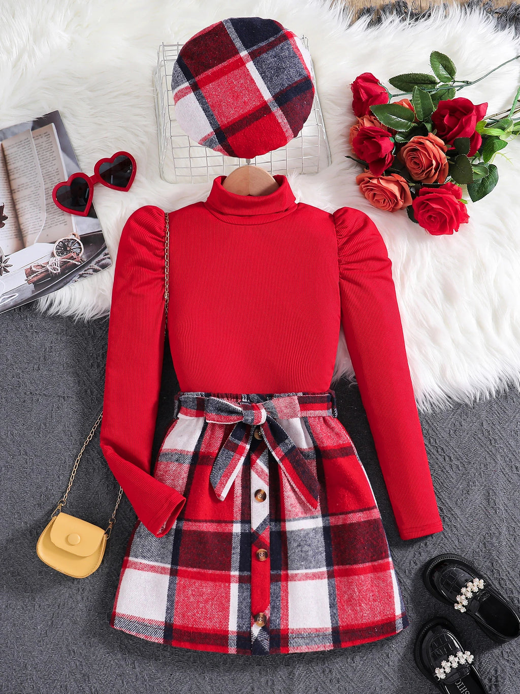Girls fashion girls Spring and fall new set red high neck bubble long sleeve red plaid skirt + hat 3-piece outdoor casual dress