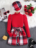 Girls fashion girls Spring and fall new set red high neck bubble long sleeve red plaid skirt + hat 3-piece outdoor casual dress