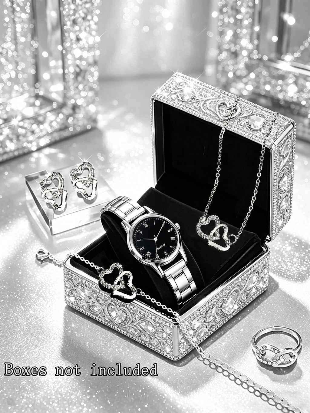 Ladies Casual Fashion Quartz Watch and Heart Jewelry Set with Steel Strap Birthday Gift Without Box