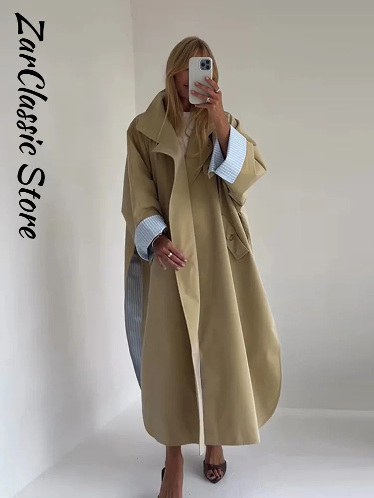 Elegant Khaki Women's Trench Coat Autumn High Neck Full Sleeve Loose Split Long Windbreaker Lady New Casual Chic Jacket 2026