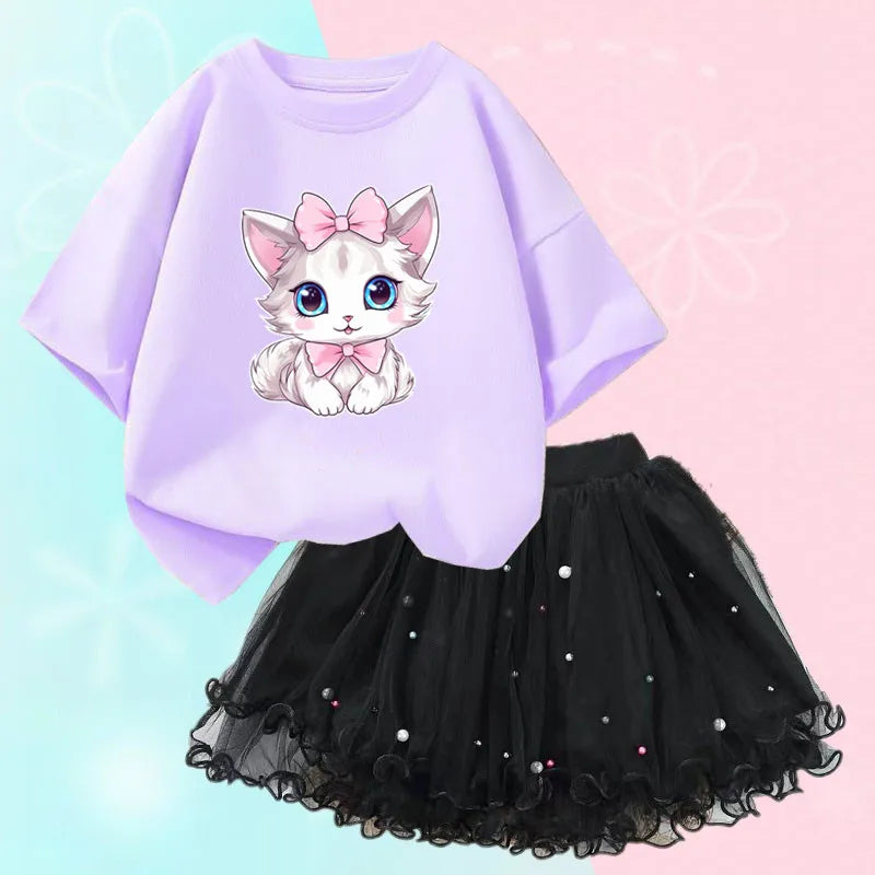 Summer Little Girls Clothing Cute Cat T Shirt& mesh Tutu Skirt Two Piece Set Fashion Korean Children Clothes Outfits 3-14years