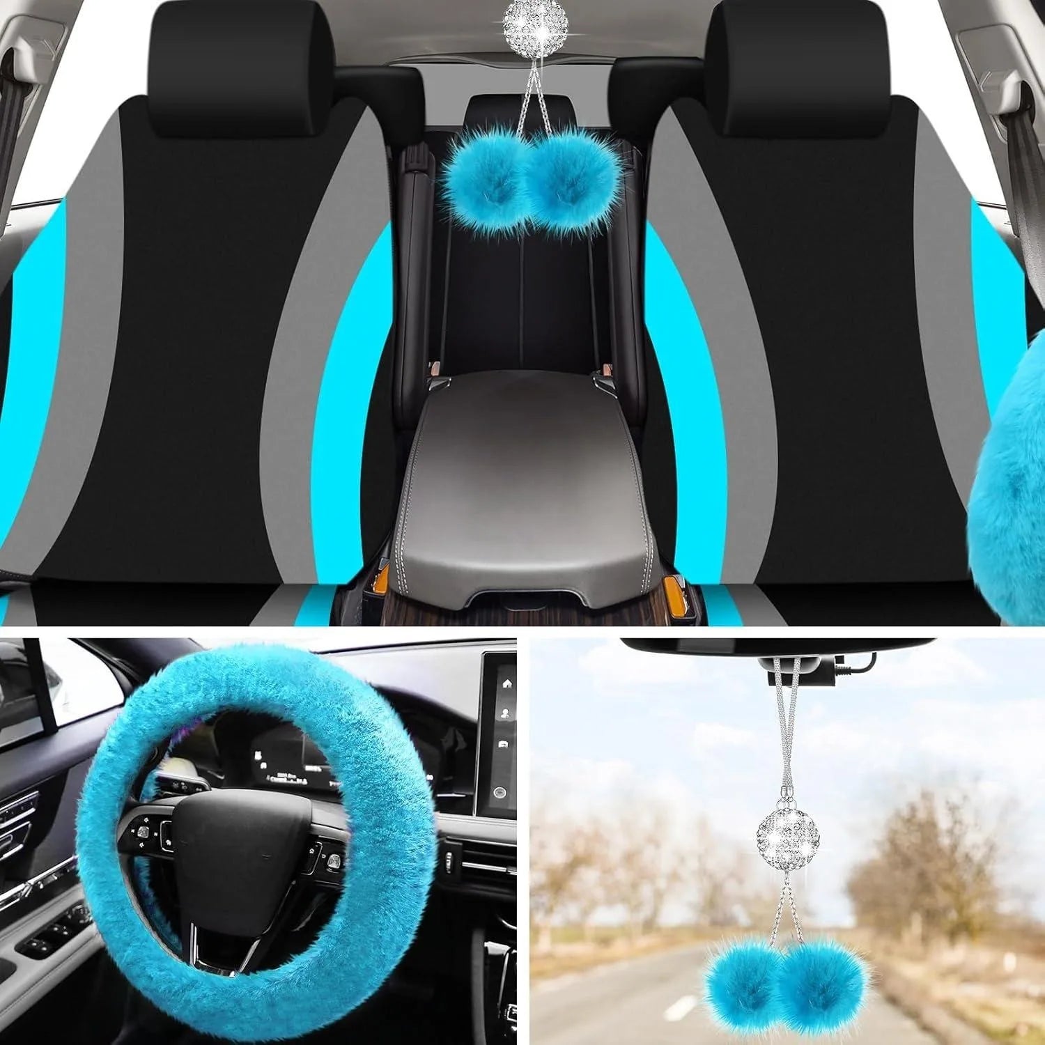 Fluffy Cute Women Car Accessories Set 45pcs Blue Steering Wheel Cover Seat Belt Handbrake Gear Shift Covers Great Gift