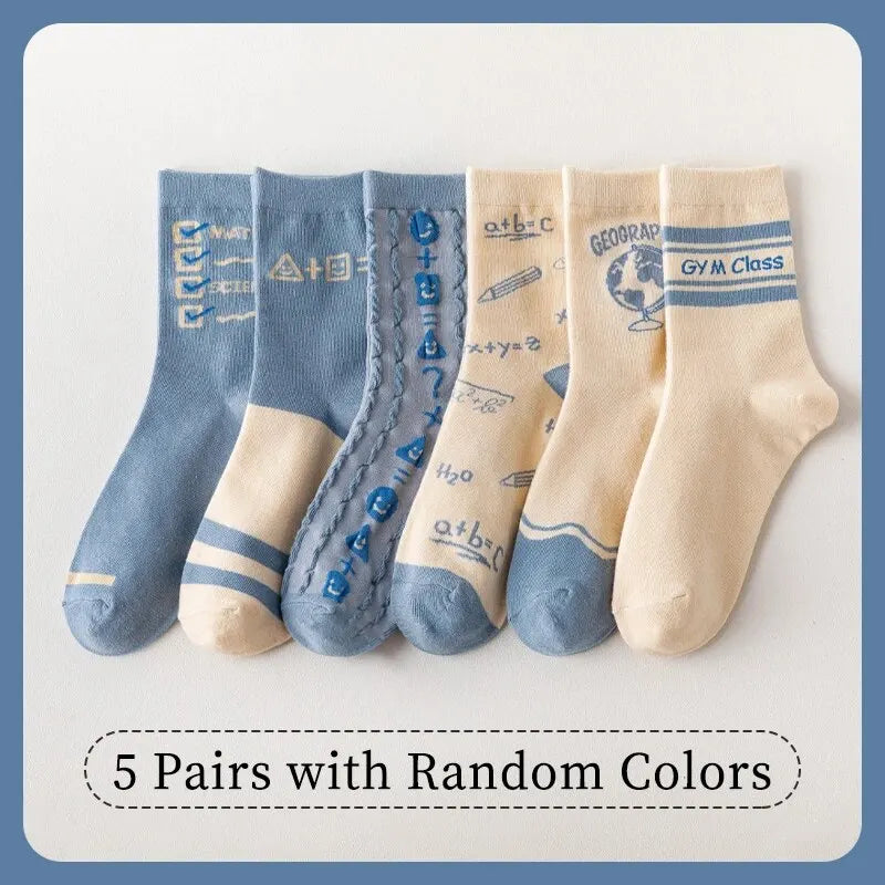 5 Pairs of Women's Spring Four-season Cute SStriped Letters Youthful Beautiful Fashionable and Comfortable Mid-calf Socks